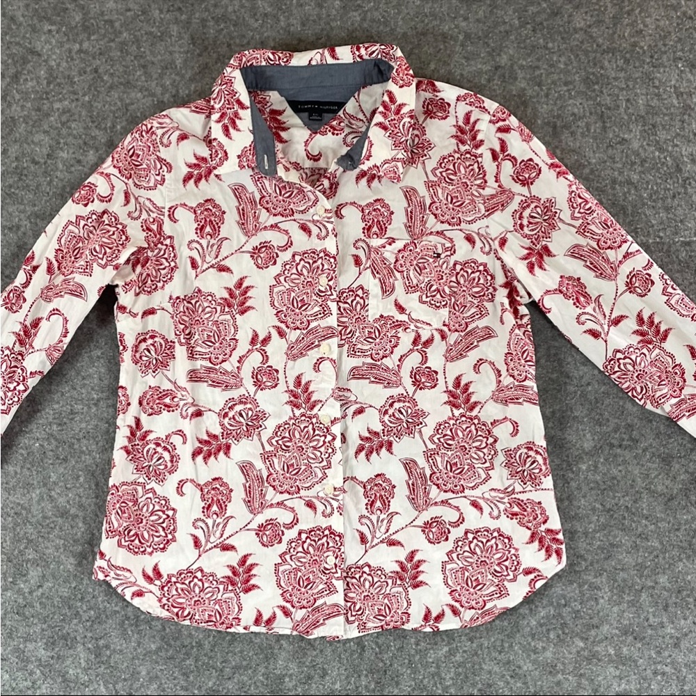 Tommy Hilfiger Womens Large Red Paisley Floral Button Down Roll Tab Shirt